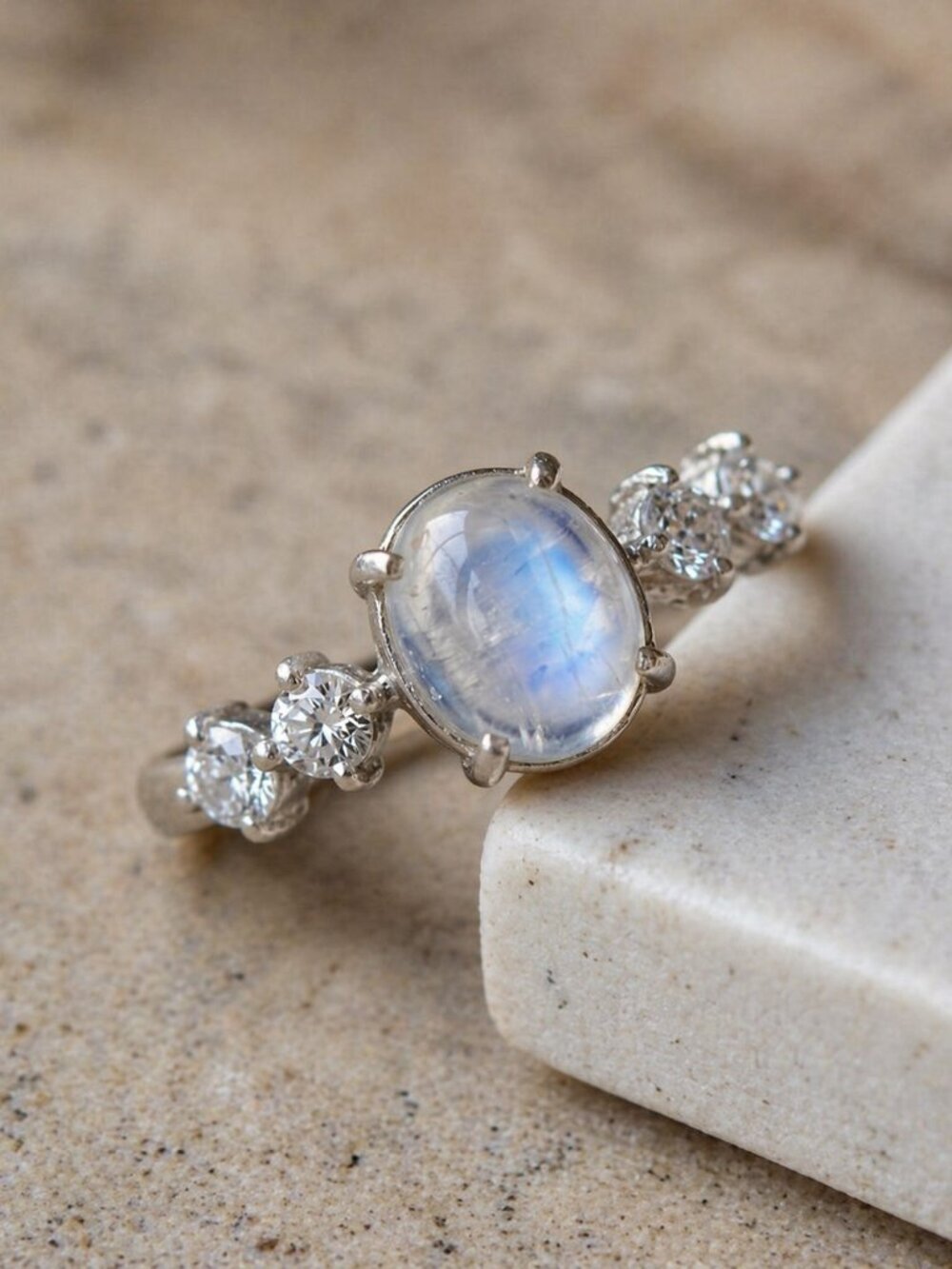 Celestial Dainty 925 Silver Genuine Moonstone CZ Minimalist Ring Size 8